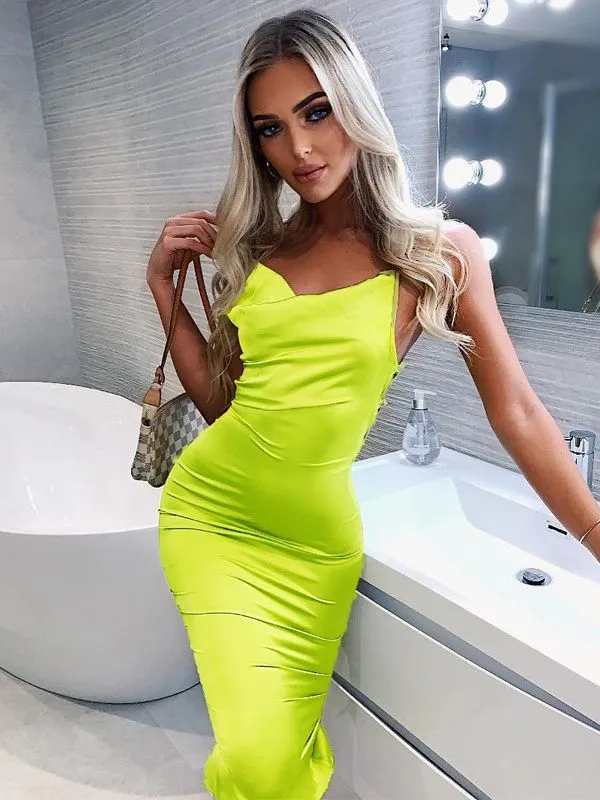 Satin Lace Up Bodycon Dress Spaghetti Strap Backless Sleeveless Midi dress