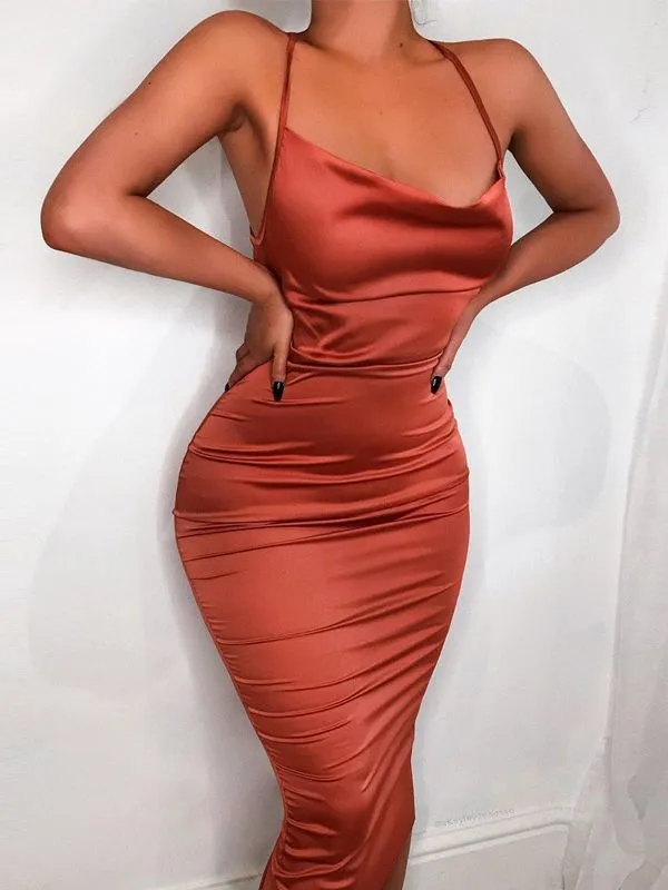 Satin Lace Up Bodycon Dress Spaghetti Strap Backless Sleeveless Midi dress