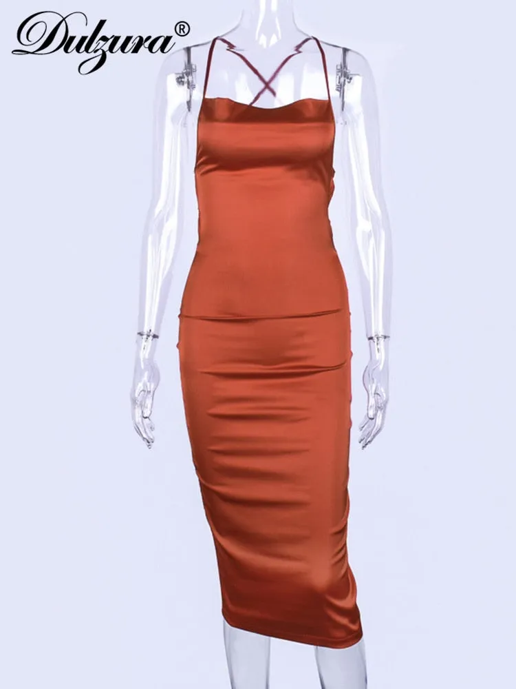 Satin Lace Up Bodycon Dress Spaghetti Strap Backless Sleeveless Midi dress