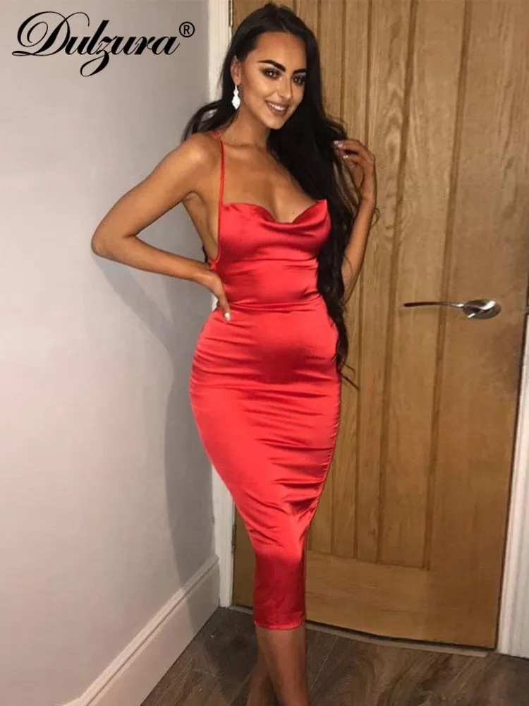 Satin Lace Up Bodycon Dress Spaghetti Strap Backless Sleeveless Midi dress