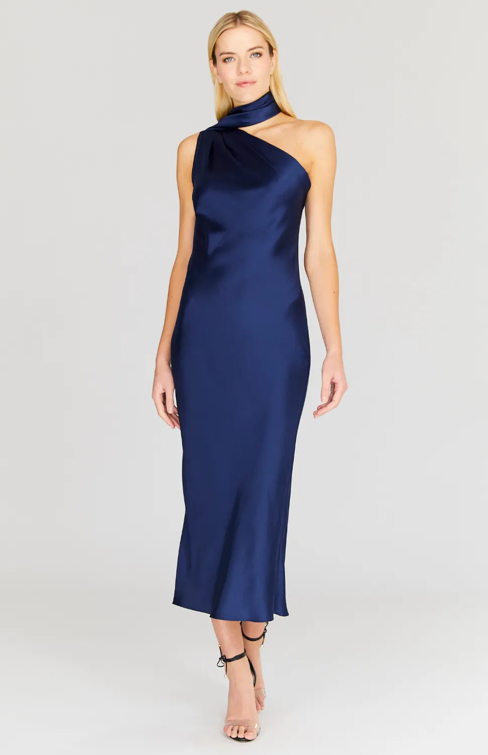 Satin One Shoulder Bias Dress w/ Scarf
