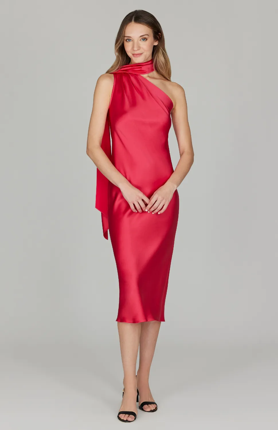 Satin One Shoulder Bias Dress w/ Scarf