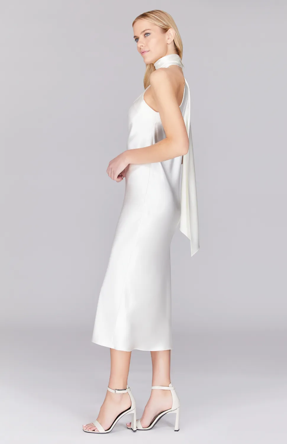 Satin One Shoulder Bias Dress w/ Scarf