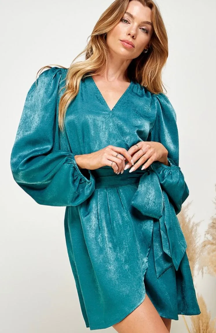 Satin Wrap Dress Teal