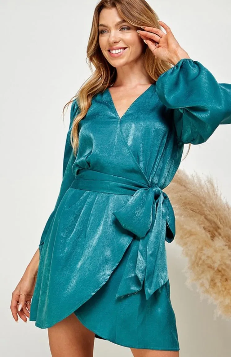 Satin Wrap Dress Teal