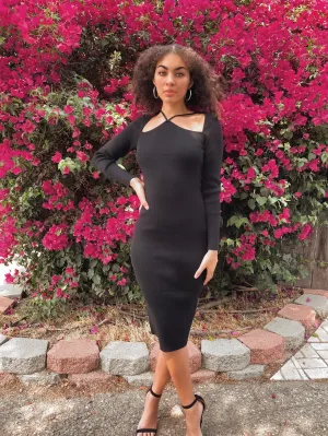 Savannah Black Rib Strap Detail Midi Dress