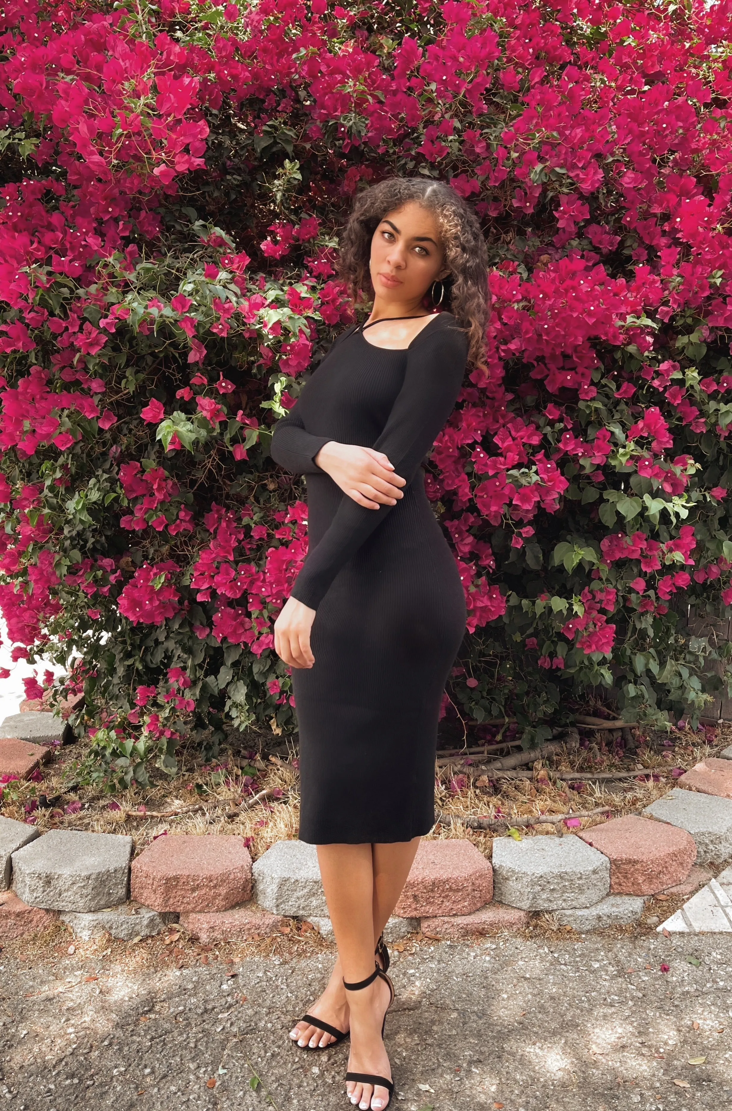 Savannah Black Rib Strap Detail Midi Dress
