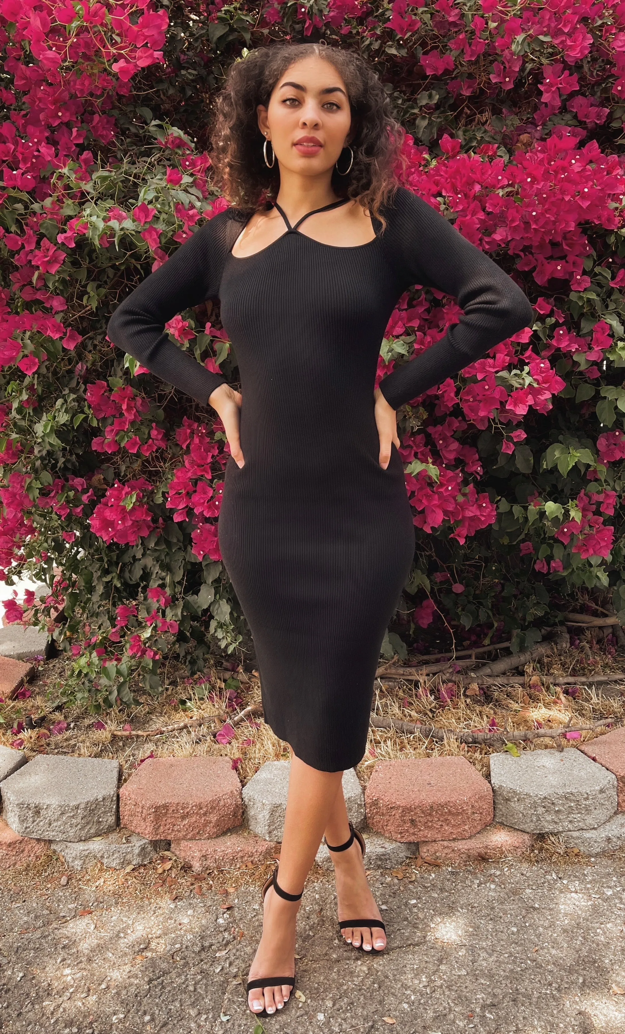 Savannah Black Rib Strap Detail Midi Dress