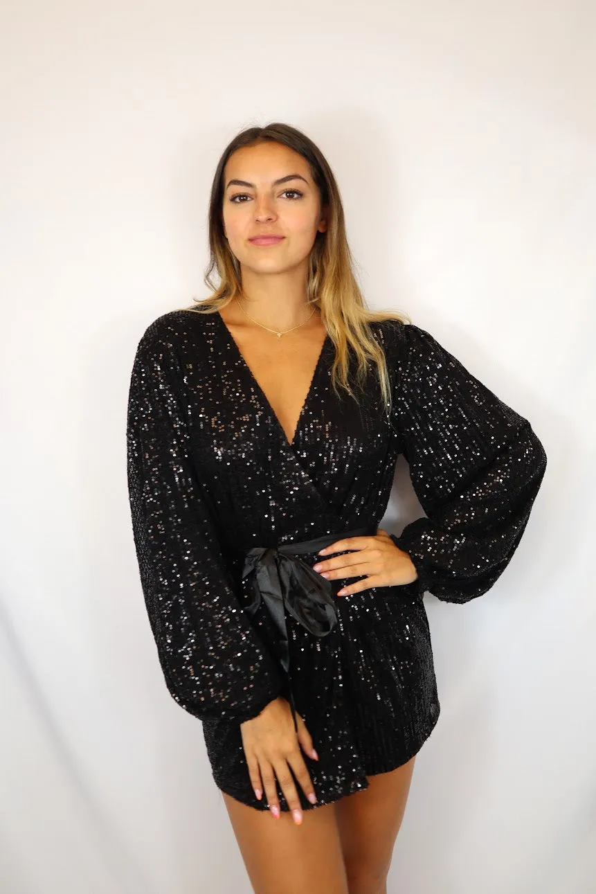 Sequin Wrap Dress Black
