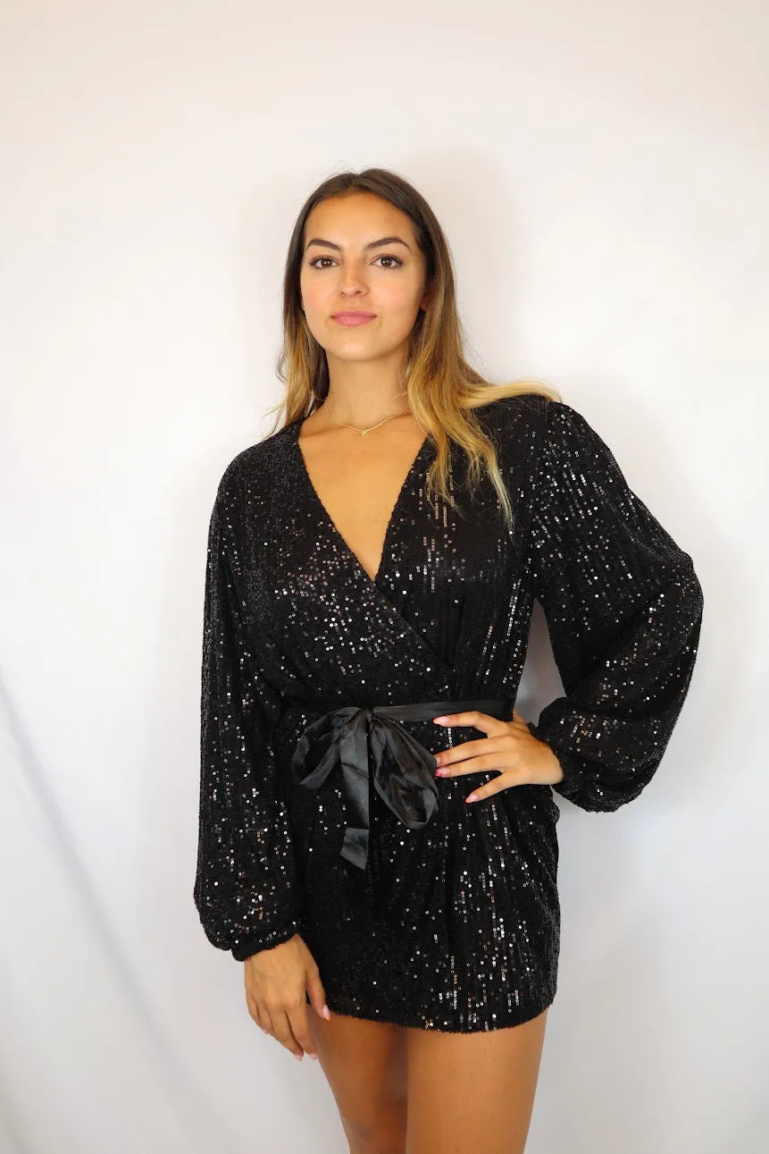 Sequin Wrap Dress Black