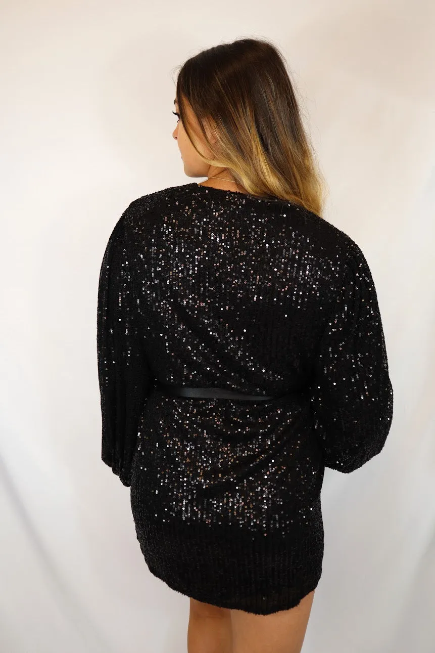 Sequin Wrap Dress Black