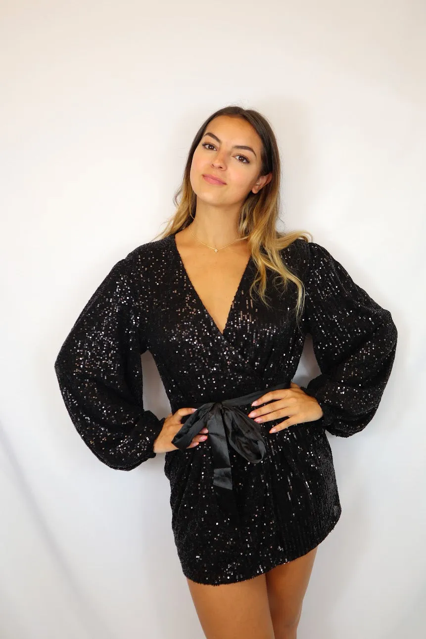 Sequin Wrap Dress Black