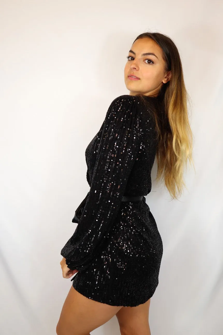 Sequin Wrap Dress Black