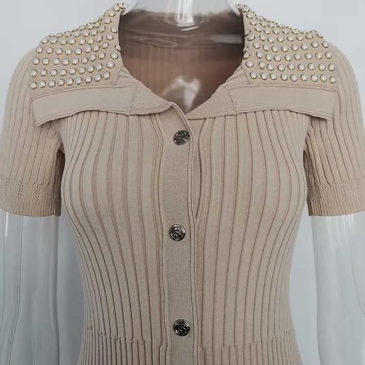 Short Sleeves Knitted Midi Dress Beaded Collar Body-Con Long Dress