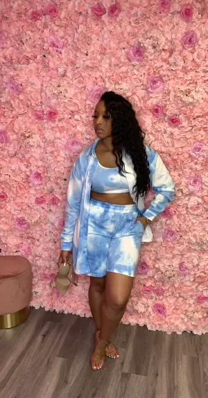 Sky Blue Tye Die 3 Piece Short Set