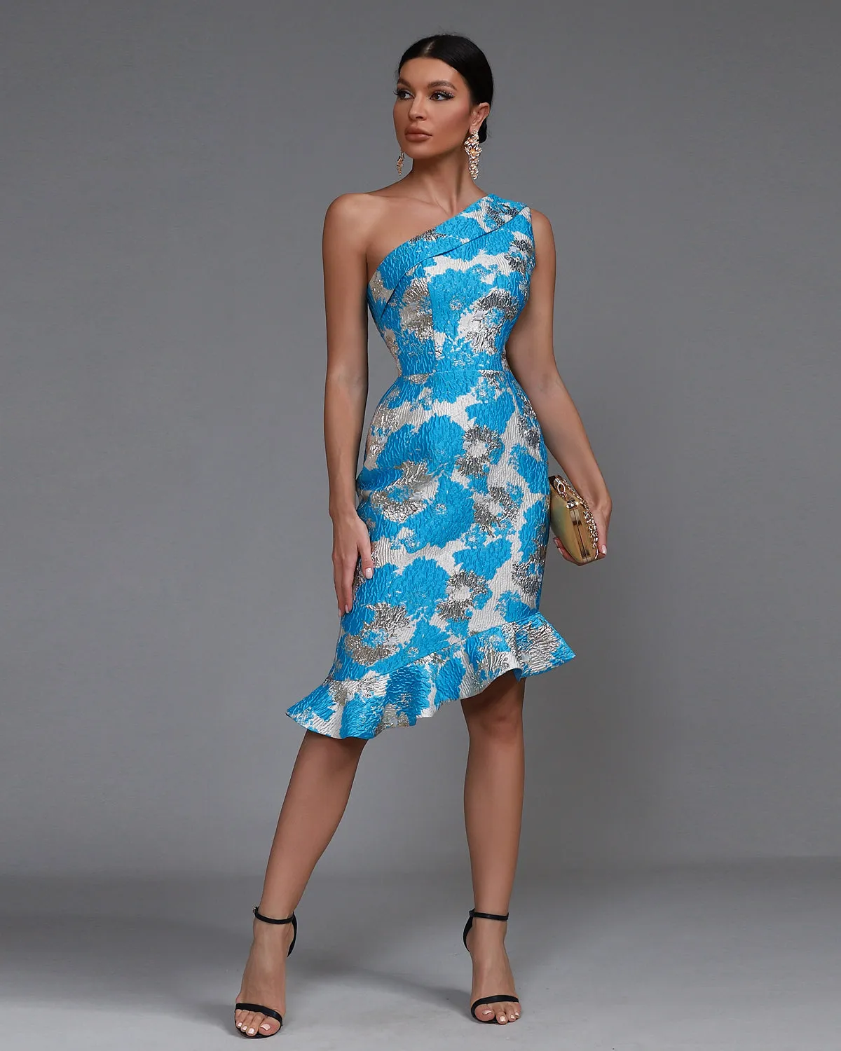 Slanted Shoulder Fishtail Midi Dress