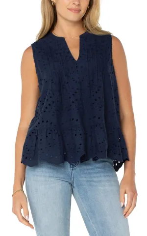 Sleeveless Pintuck Woven Top in Navy
