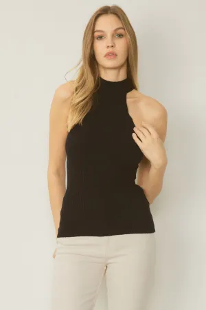 Solid Ribbed Mock Neck Top {Black}