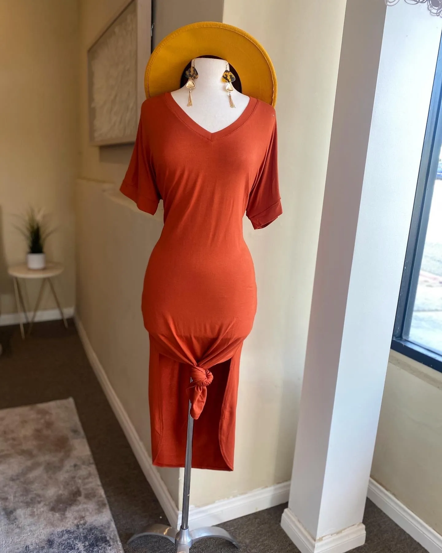 Solid Roll Sleeve Tye Front Dress