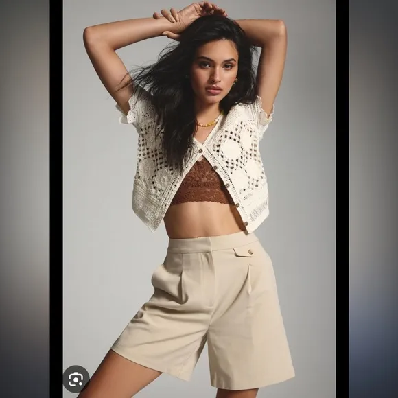 sophie rue corey khaki tan high waisted bermuda long mom shorts size small NEW