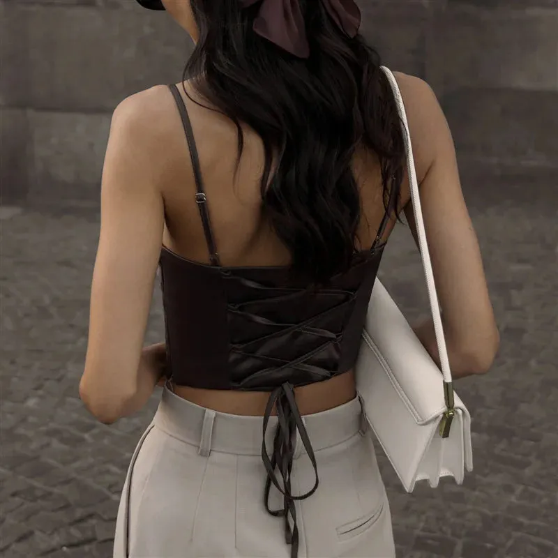 Spaghetti Strap Tank Top Sexy Backless Bandage Skinny Crop Top Spring/Summer Elegant Lace Up Party Women's Camis