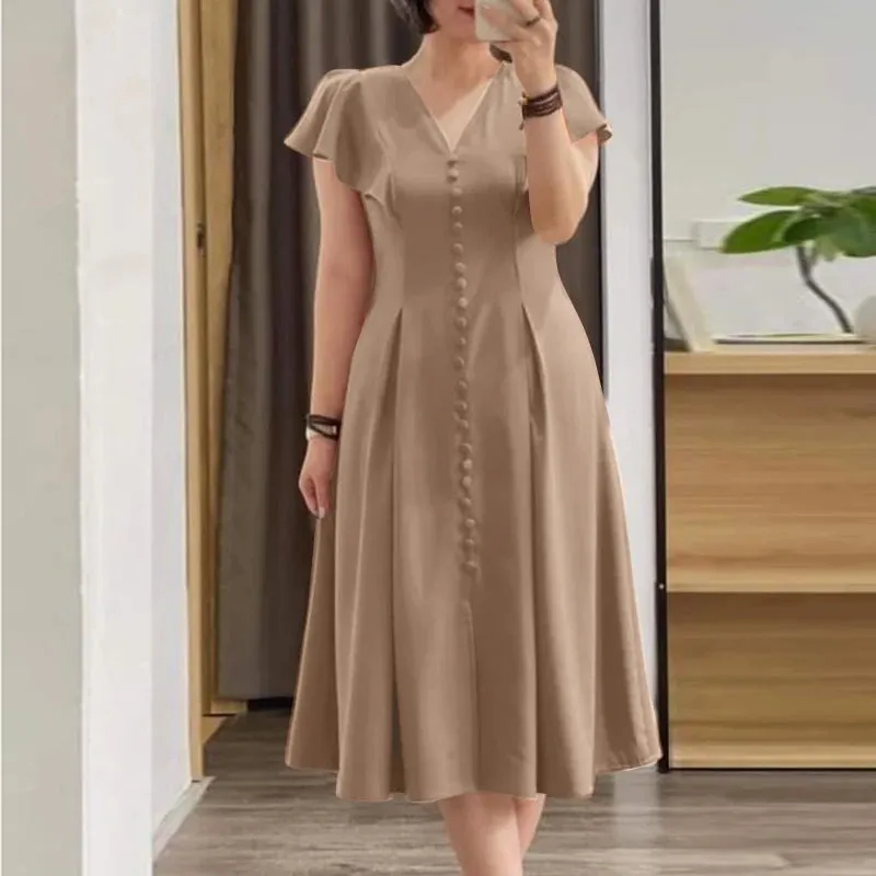 Spring Summer Elegant V-Neck Short Sleeve Dress Women's Boutique Fashion Solid Pleated Mid-Calf Business Party Dress Plus Sizes