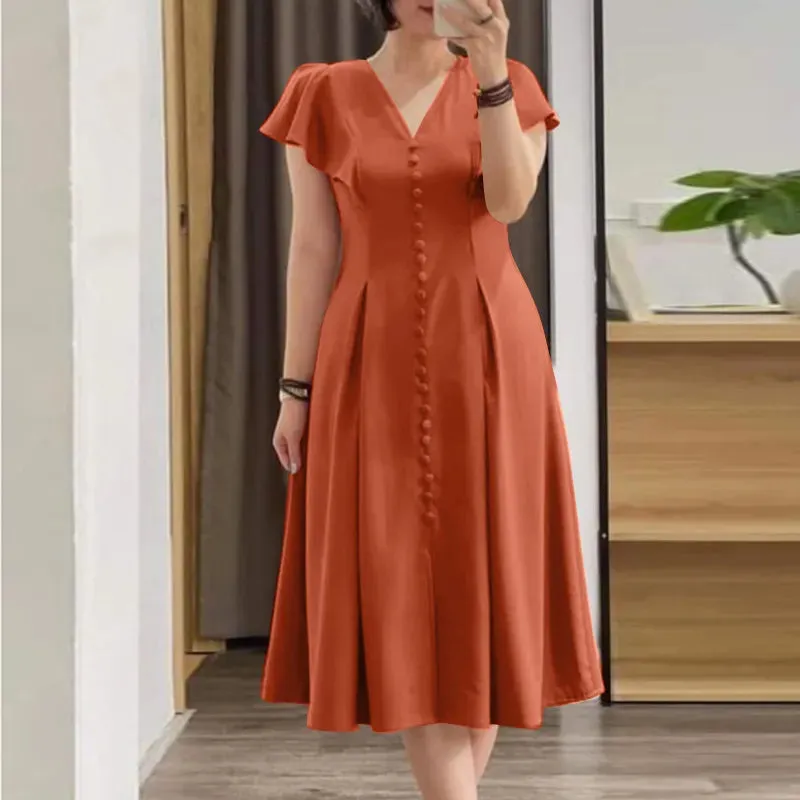 Spring Summer Elegant V-Neck Short Sleeve Dress Women's Boutique Fashion Solid Pleated Mid-Calf Business Party Dress Plus Sizes