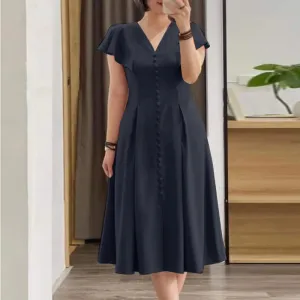 Spring Summer Elegant V-Neck Short Sleeve Dress Women's Boutique Fashion Solid Pleated Mid-Calf Business Party Dress Plus Sizes