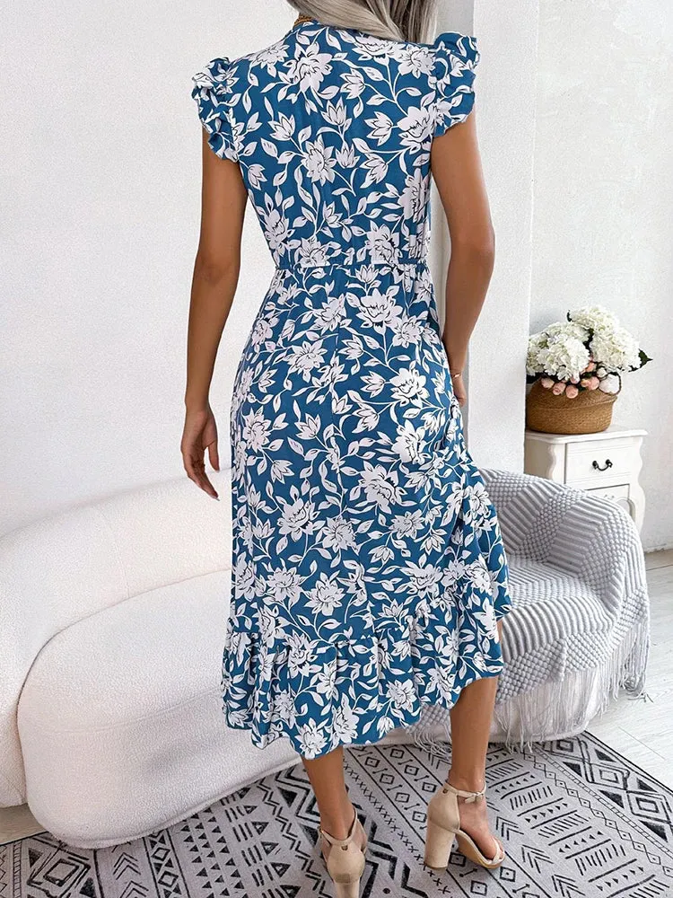 Spring / Summer Floral Print Midi Dress Casual Sleeveless Ruffles Holiday Beach Dress New Fashion V-Neck Dresses