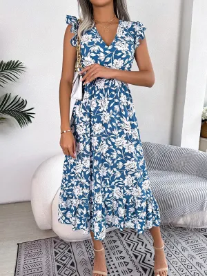 Spring / Summer Floral Print Midi Dress Casual Sleeveless Ruffles Holiday Beach Dress New Fashion V-Neck Dresses