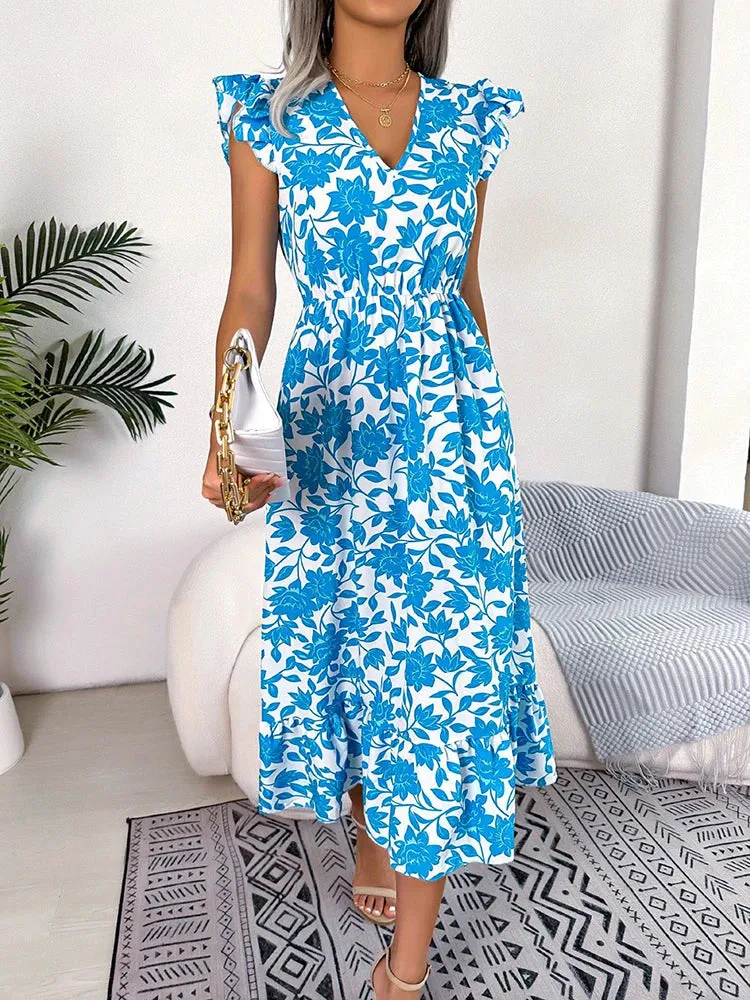 Spring / Summer Floral Print Midi Dress Casual Sleeveless Ruffles Holiday Beach Dress New Fashion V-Neck Dresses