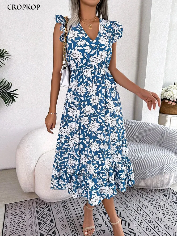 Spring / Summer Floral Print Midi Dress Casual Sleeveless Ruffles Holiday Beach Dress New Fashion V-Neck Dresses