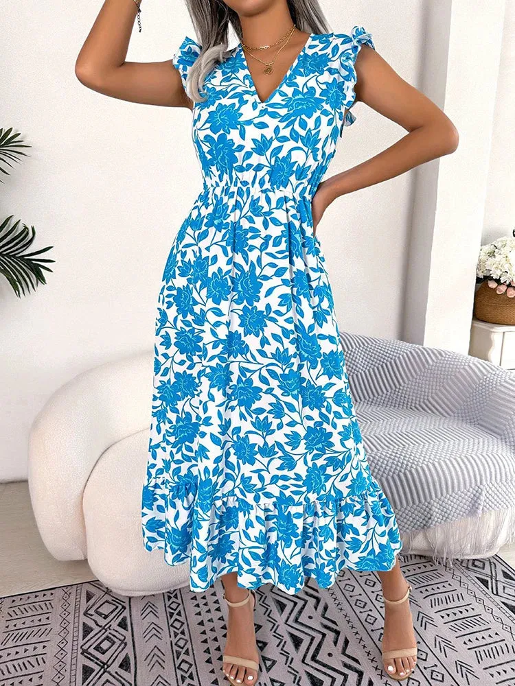 Spring / Summer Floral Print Midi Dress Casual Sleeveless Ruffles Holiday Beach Dress New Fashion V-Neck Dresses