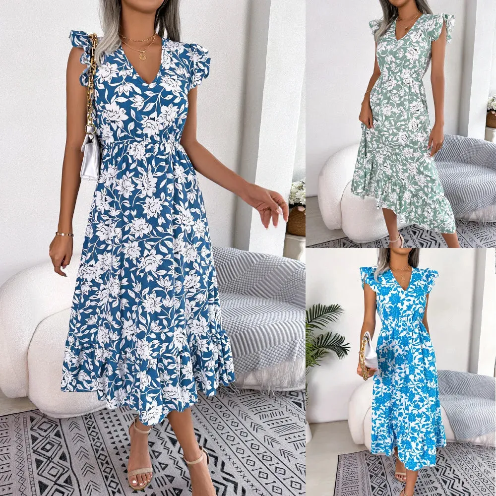 Spring / Summer Floral Print Midi Dress Casual Sleeveless Ruffles Holiday Beach Dress New Fashion V-Neck Dresses