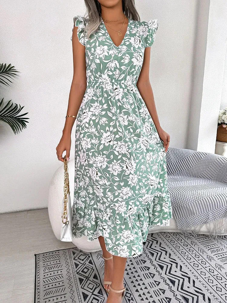 Spring / Summer Floral Print Midi Dress Casual Sleeveless Ruffles Holiday Beach Dress New Fashion V-Neck Dresses