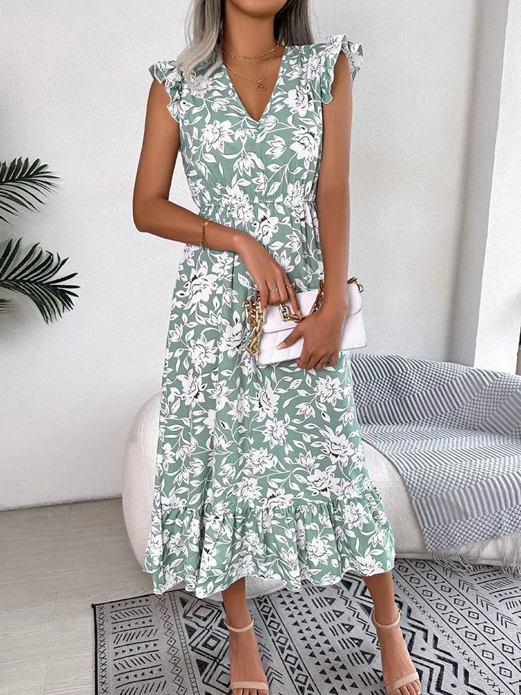 Spring / Summer Floral Print Midi Dress Casual Sleeveless Ruffles Holiday Beach Dress New Fashion V-Neck Dresses