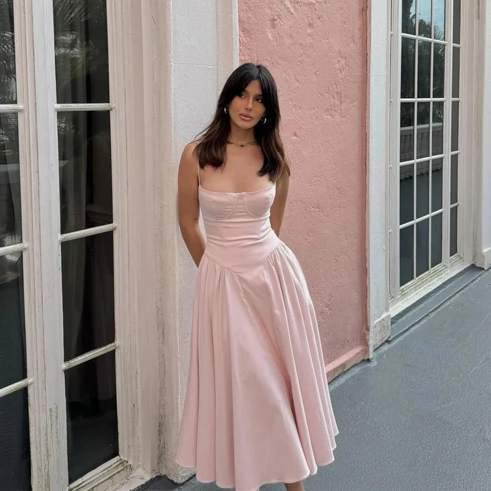 Spring Summer Sleeveless Midi Dress New Fashion Spaghetti Strap Elegant Fit and Flare Dress