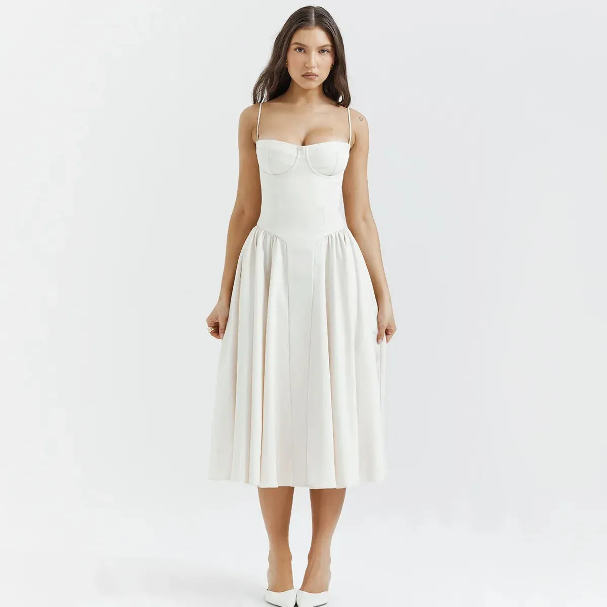 Spring Summer Sleeveless Midi Dress New Fashion Spaghetti Strap Elegant Fit and Flare Dress