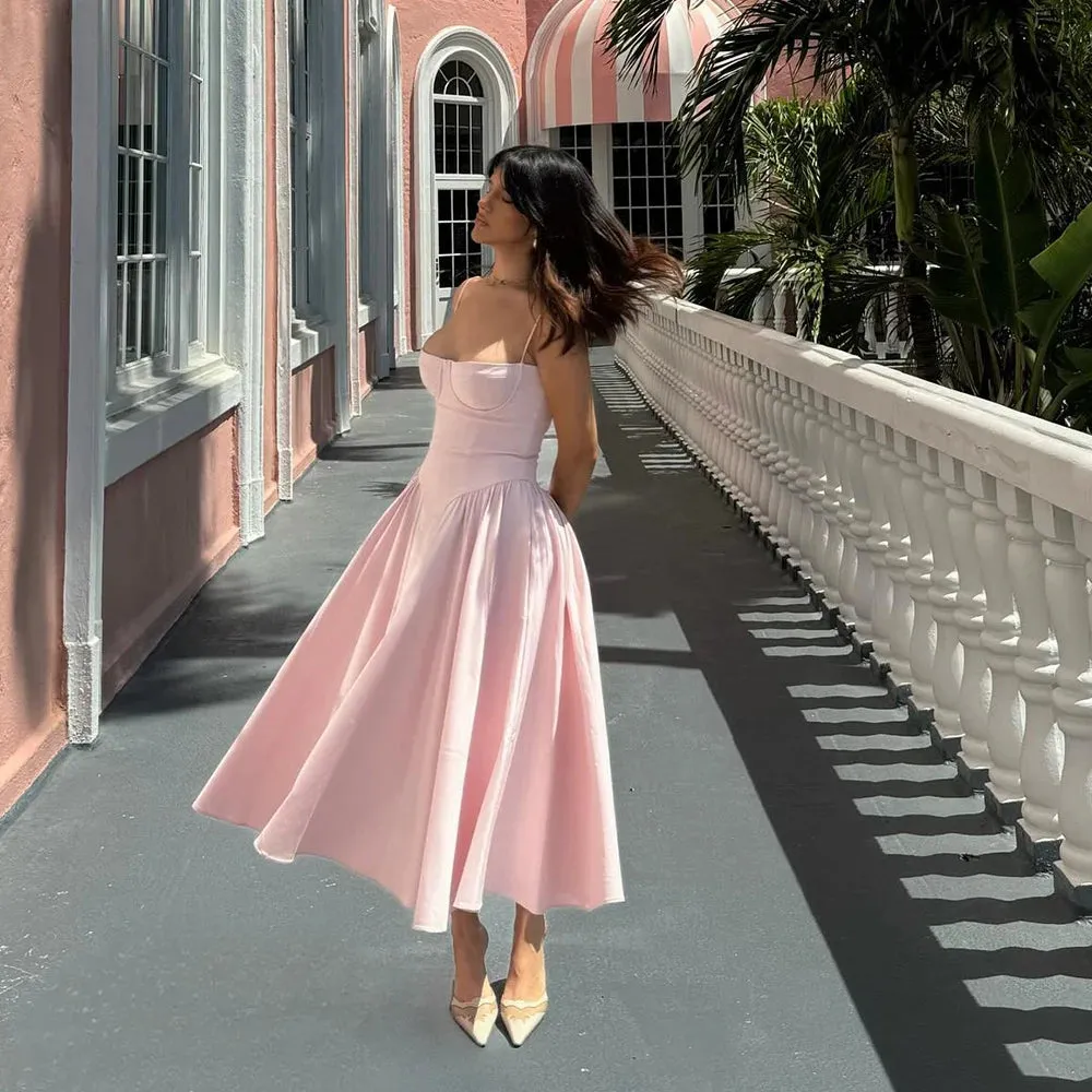 Spring Summer Sleeveless Midi Dress New Fashion Spaghetti Strap Elegant Fit and Flare Dress