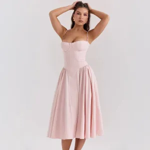 Spring Summer Sleeveless Midi Dress New Fashion Spaghetti Strap Elegant Fit and Flare Dress
