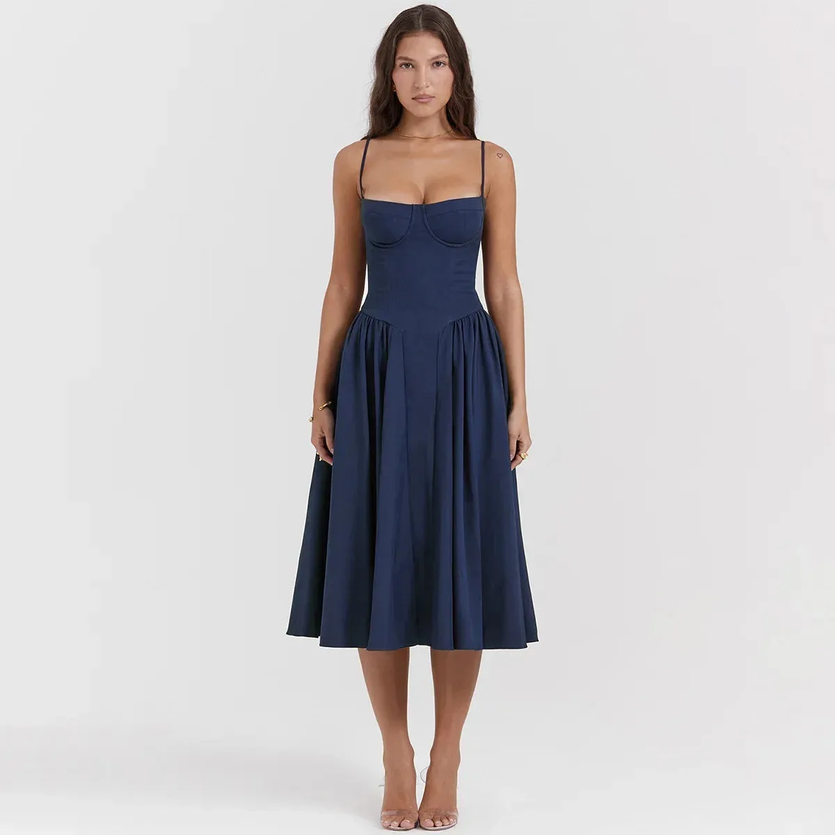 Spring Summer Sleeveless Midi Dress New Fashion Spaghetti Strap Elegant Fit and Flare Dress