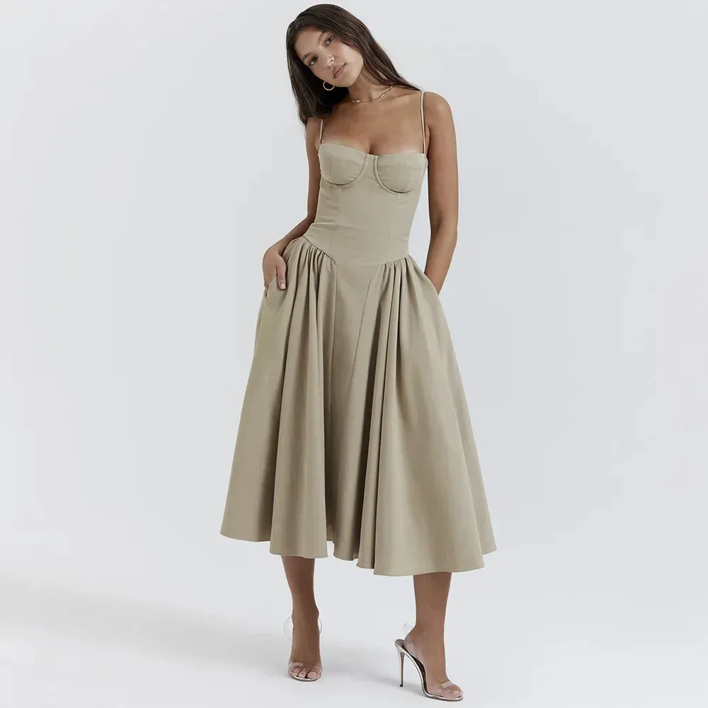 Spring Summer Sleeveless Midi Dress New Fashion Spaghetti Strap Elegant Fit and Flare Dress