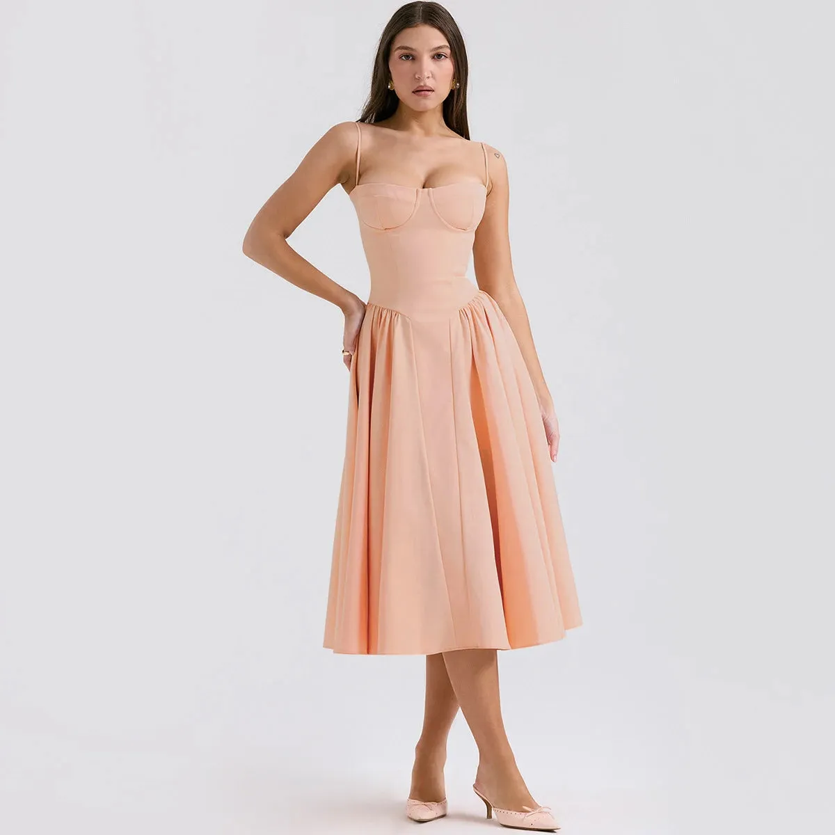Spring Summer Sleeveless Midi Dress New Fashion Spaghetti Strap Elegant Fit and Flare Dress
