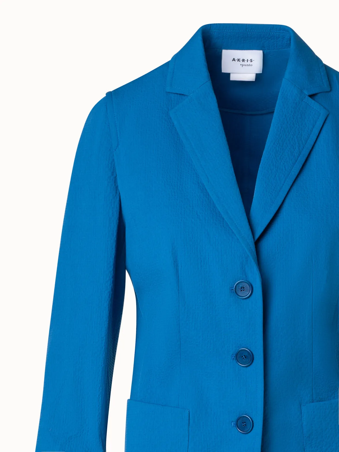 Stretch Cotton Seersucker Three Button Blazer