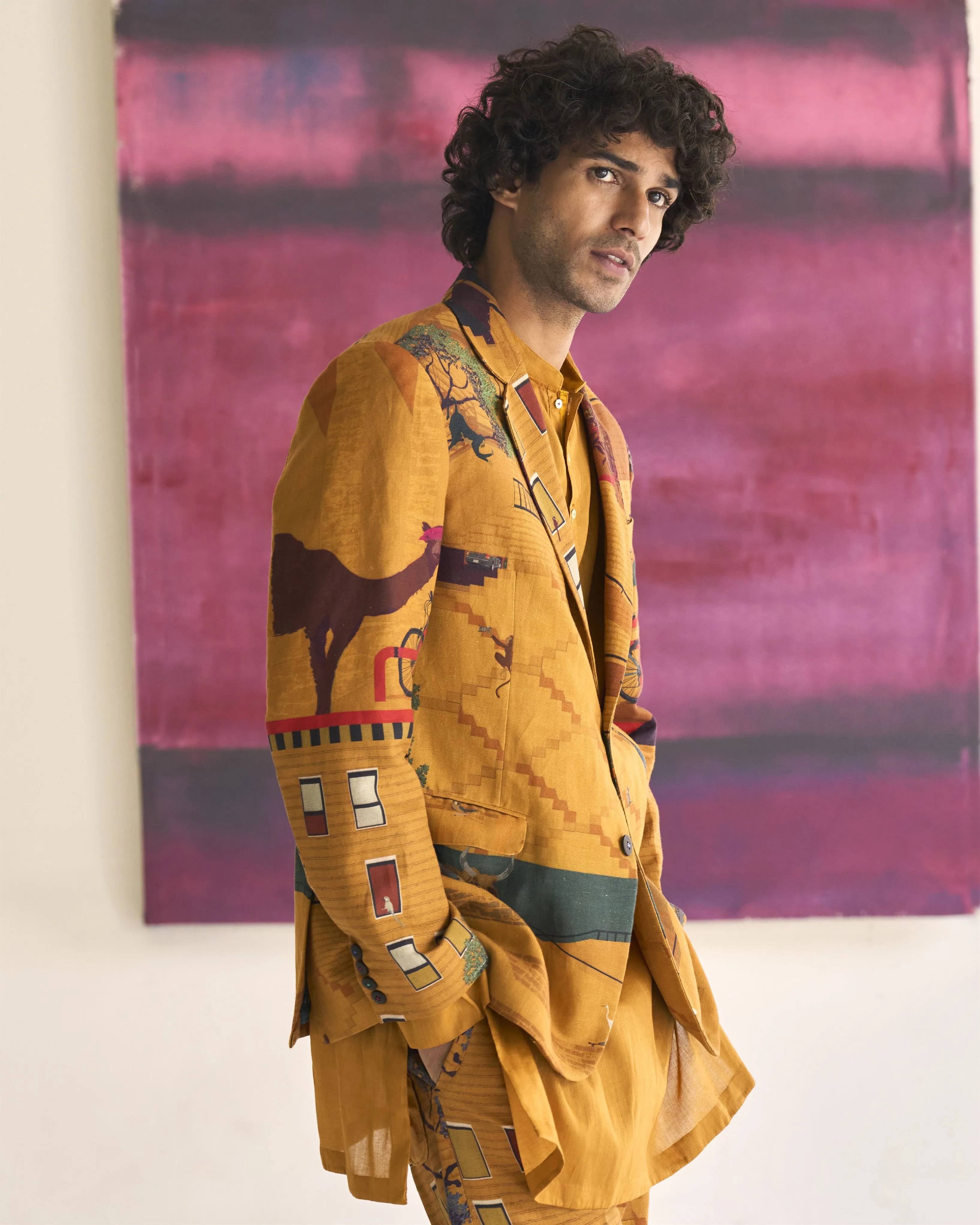 Summer Jacket Blazer Animal Rana Linen Mustard OW306LI390 SuketDhir