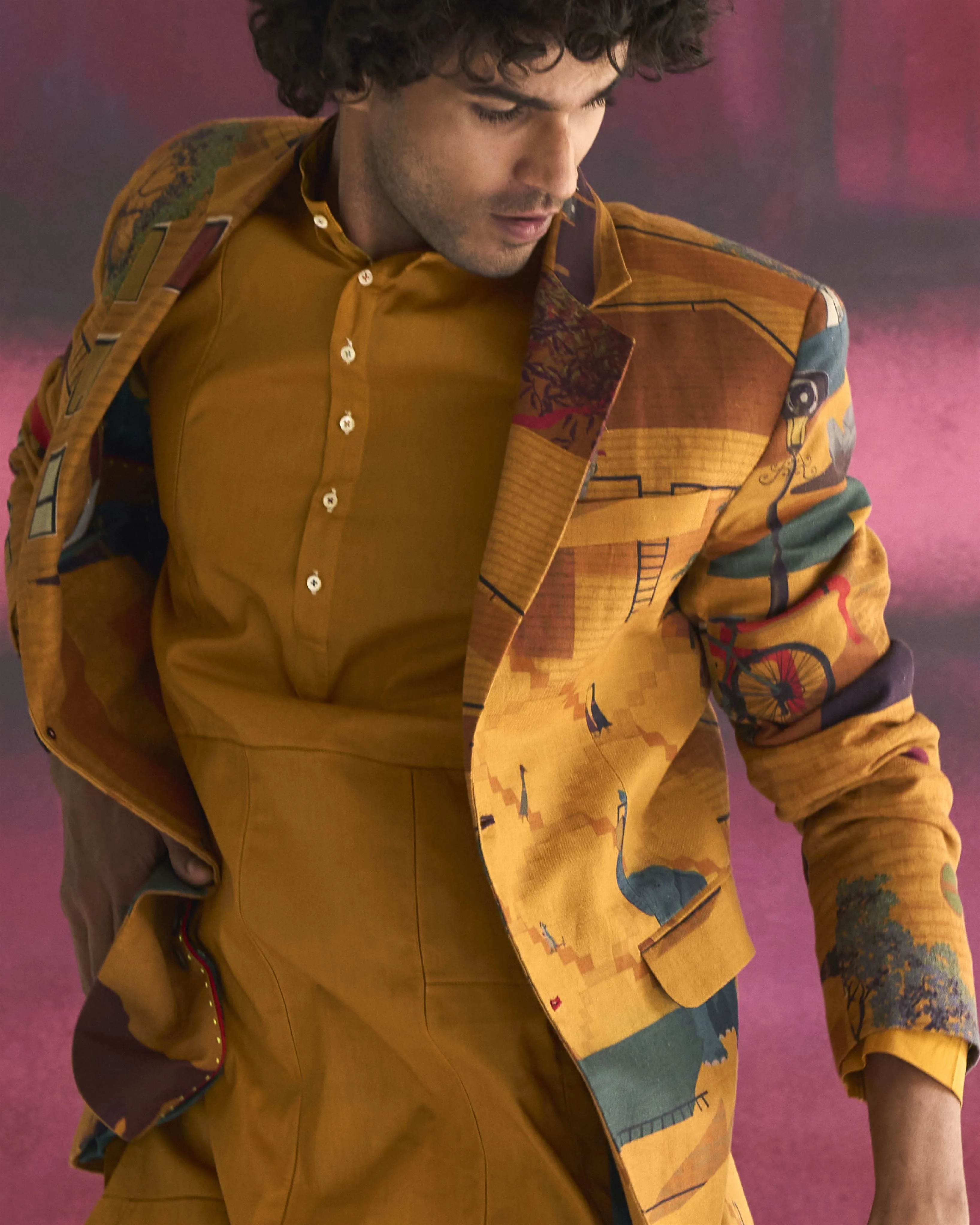 Summer Jacket Blazer Animal Rana Linen Mustard OW306LI390 SuketDhir