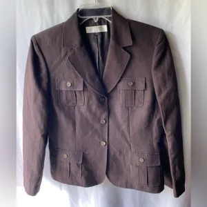 TAHARI Arthur S. Levine Brown Linen Blazer Jacket 12 Petite 3 Button Collared