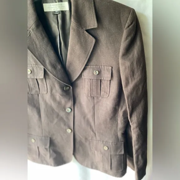 TAHARI Arthur S. Levine Brown Linen Blazer Jacket 12 Petite 3 Button Collared