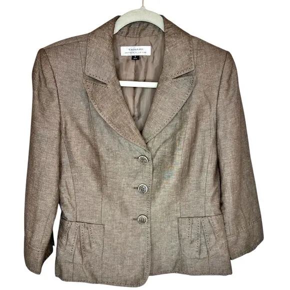 Tahari Brown Melange Linen Blend Skirt Suit Jacket Size 8 Career 2 Pc Set Blazer