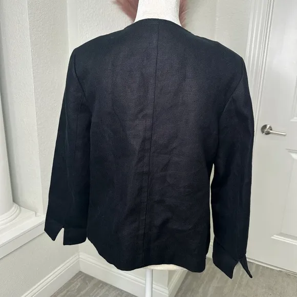 Talbots 100% Linen Collarless Button Down Black Lined Blazer Linen Jacket Sz 12